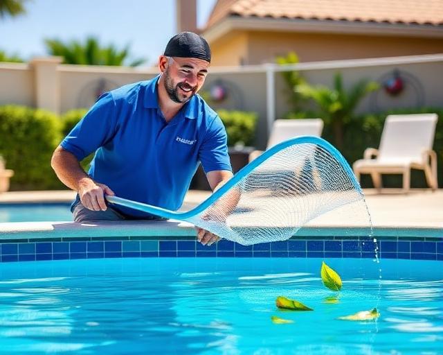 Pool technician cleaning a pool
